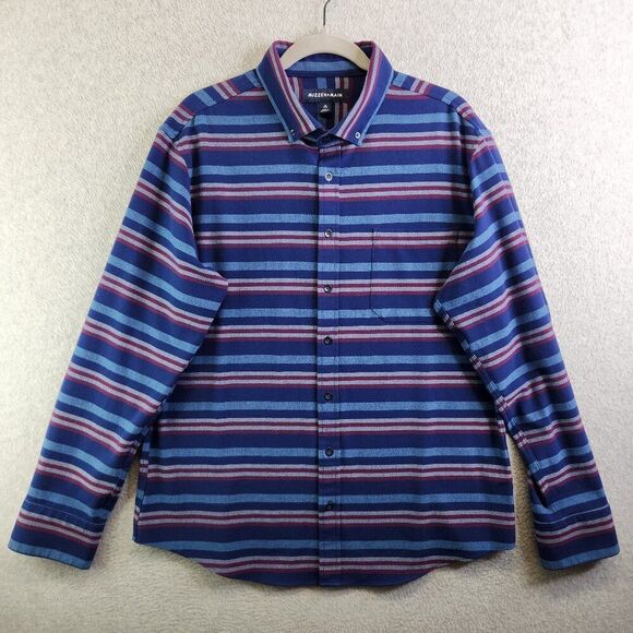 Mizzen Main Shirt Mens XL Blue Red Stripe Flannel Trim Fit Travel Commute Office - Picture 1 of 11